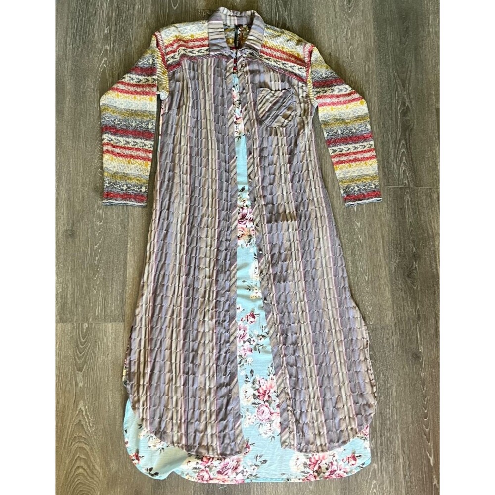 Aratta Silent Journey Maxi Boho Shirt Dress Button Multi Pattern Size Small